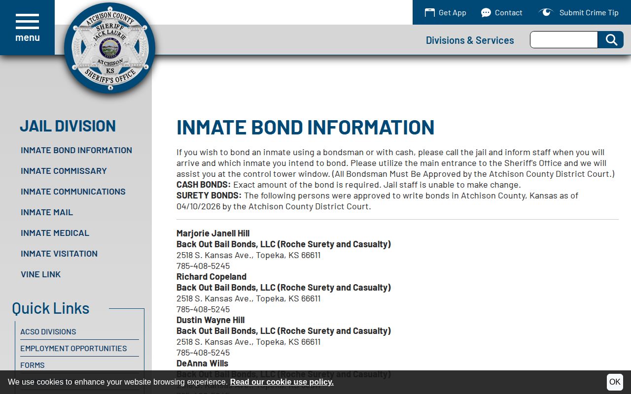 Atchison County Sheriff bond information and arrival instructions