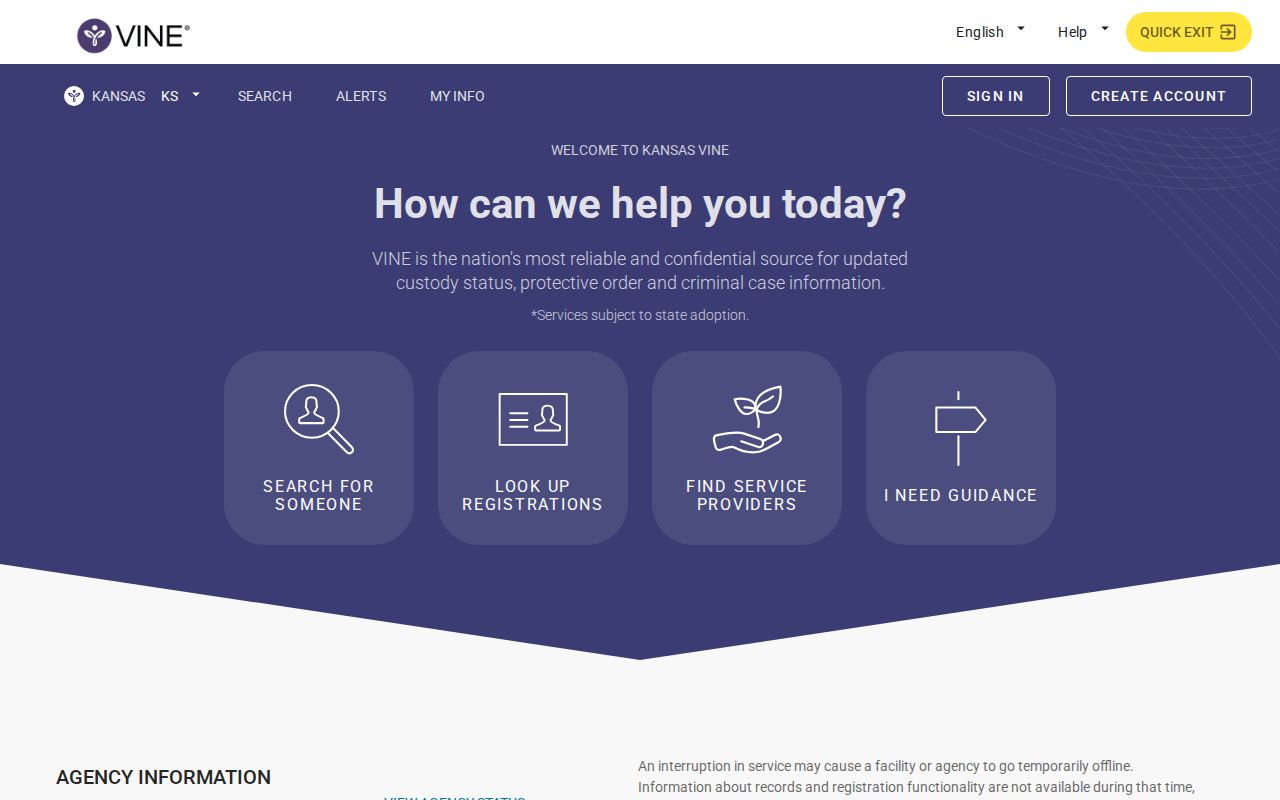 Direct Kansas VINELink offender search and notification interface