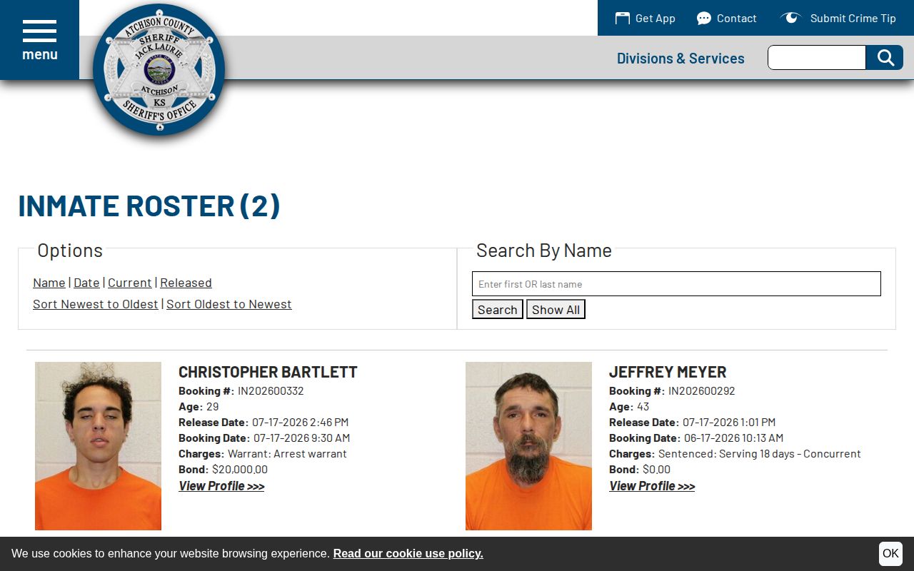 Atchison County Jail official Released roster and release timestamp field