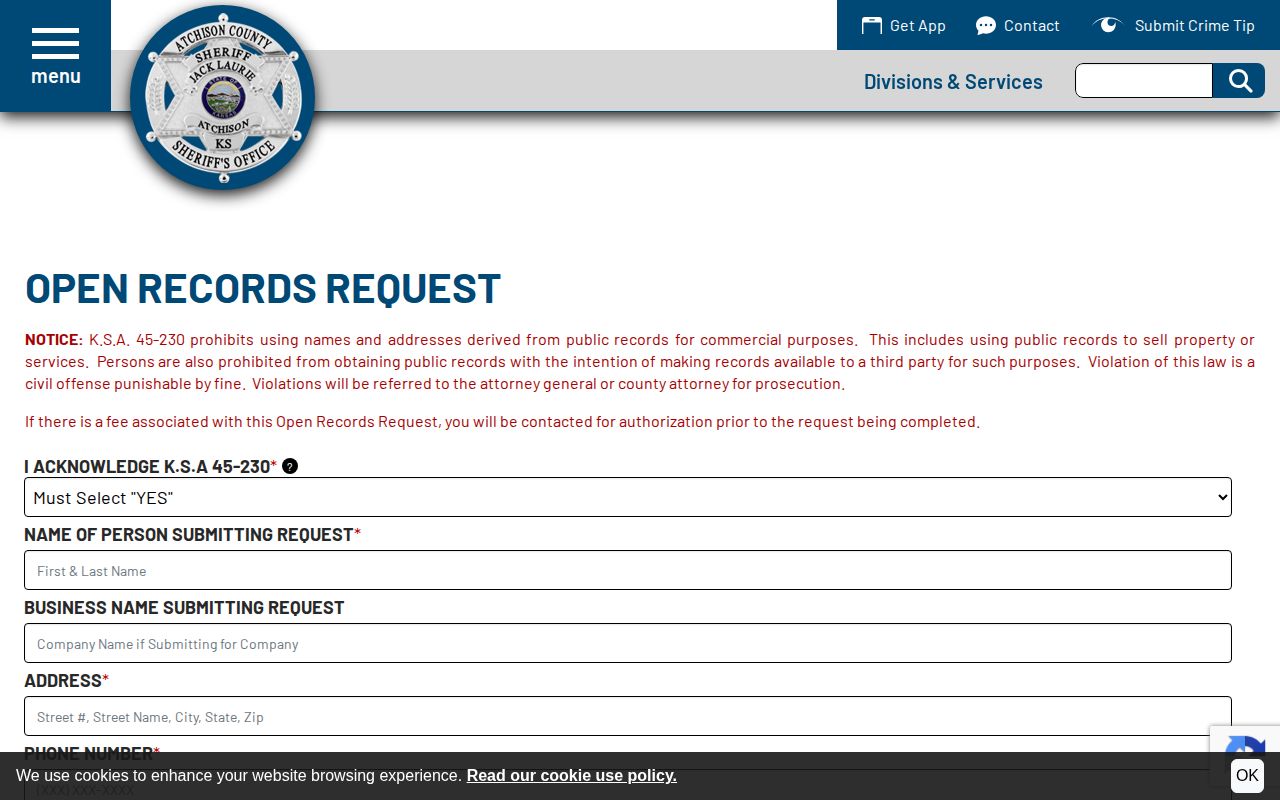 Atchison County Sheriff KORA request form for jail release records